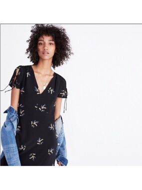 Madewell Black Midi Dress with Blue & Cream Floral Print